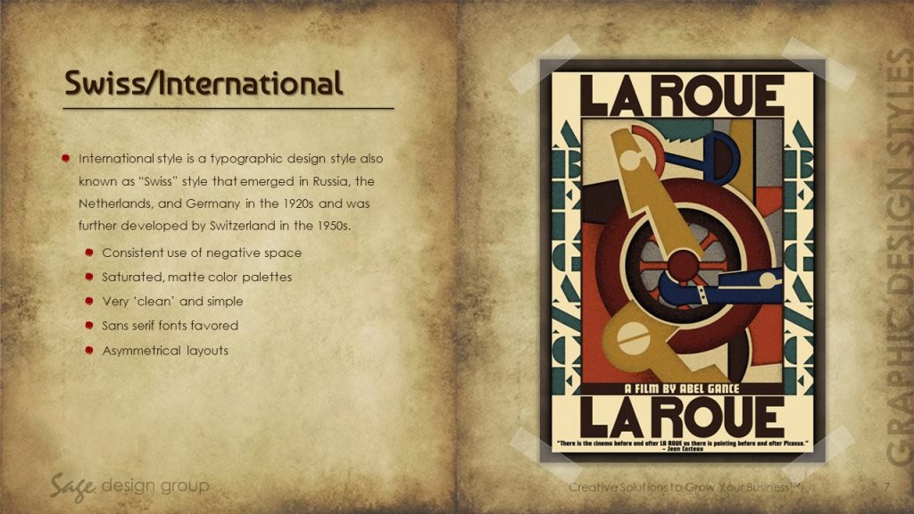 Swiss / International - Graphic Design Styles - Sage Design Group - Annette Sage, CEO